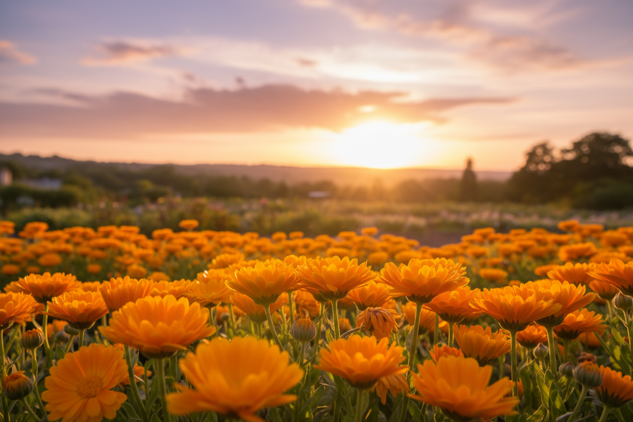 Golden calendula flowers glowing in warm sunset light — a natural ingredient at the heart of Kinwell Roots skincare