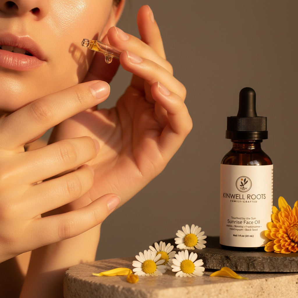 Hands gently applying face oil as part of a clean, intentional skincare routine with Kinwell Roots natural products