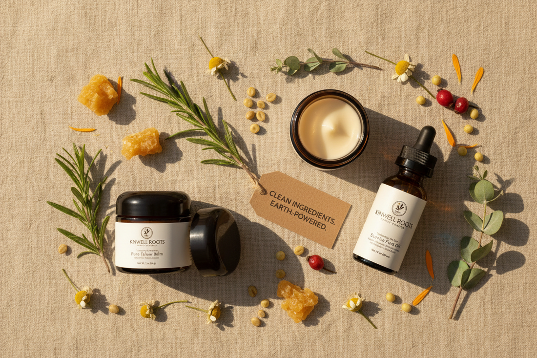 Kinwell Roots tallow balm and face oil products arranged in a flat-lay with dried botanicals, beeswax, and herbs on a warm linen surface