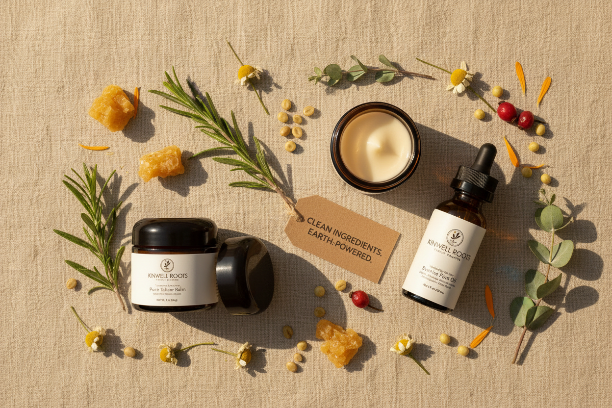 Kinwell Roots tallow balm and face oil products arranged in a flat-lay with dried botanicals, beeswax, and herbs on a warm linen surface