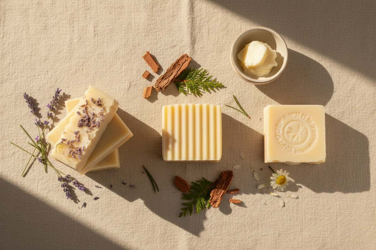Kinwell Roots Lavender, Cedarwood, and Pure Tallow Soap bars arranged in a warm flat-lay with dried botanicals and natural props